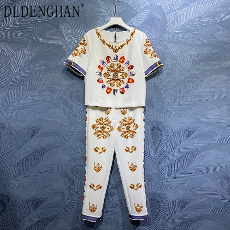 

Модный Дизайнерский Костюм DLDENGHAN, женский топ с круглым вырезом и коротким рукавом с бисером + облегающие брюки-карандаш, комплект из двух пр...