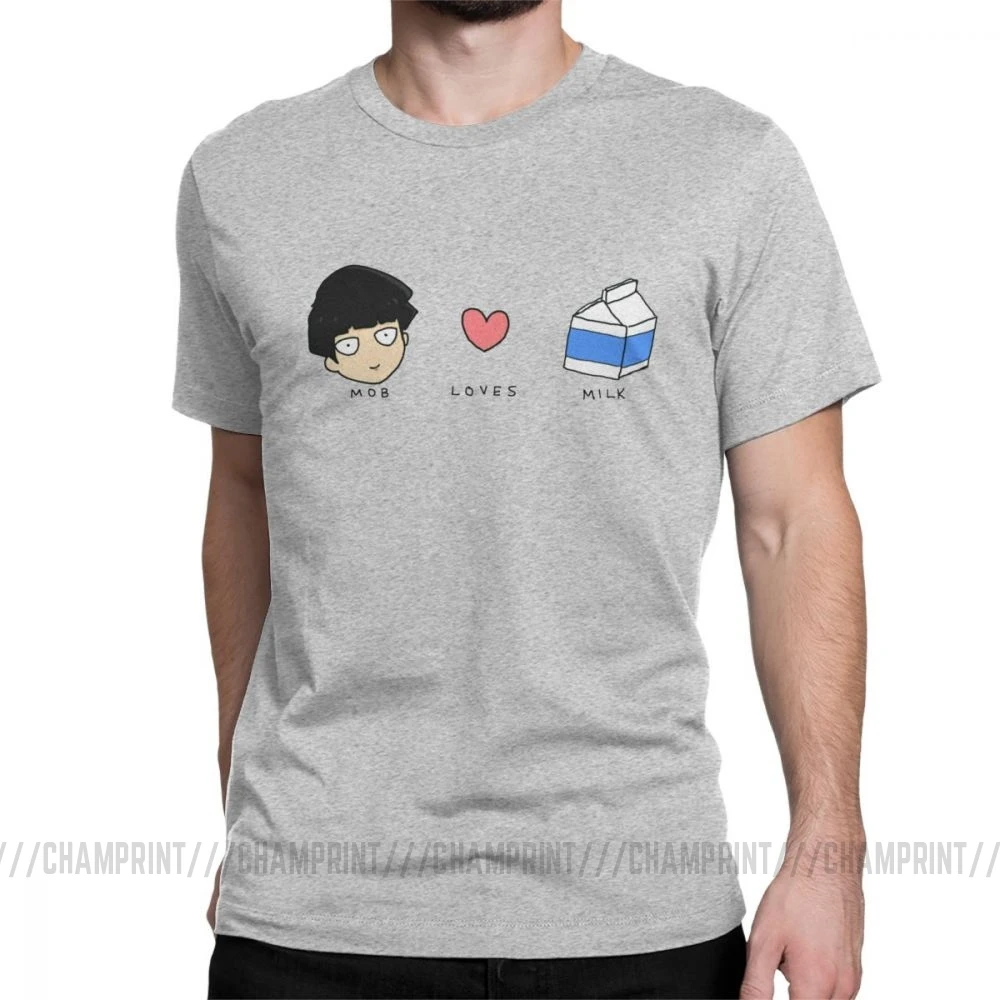 Mob Loves Milk Mob Psycho 100 футболки мужские хлопковые новые футболки с круглым вырезом футболка с коротким рукавом Одежда с принтом - Цвет: Серый