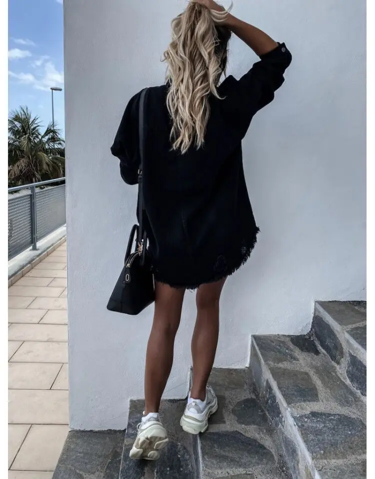 

2021 Fall New Women's Long Sleeve Denim Shirt Fashion Ripped Mid-length Jeans Shirt Tops Boyfriend Loose Shirts S-XL