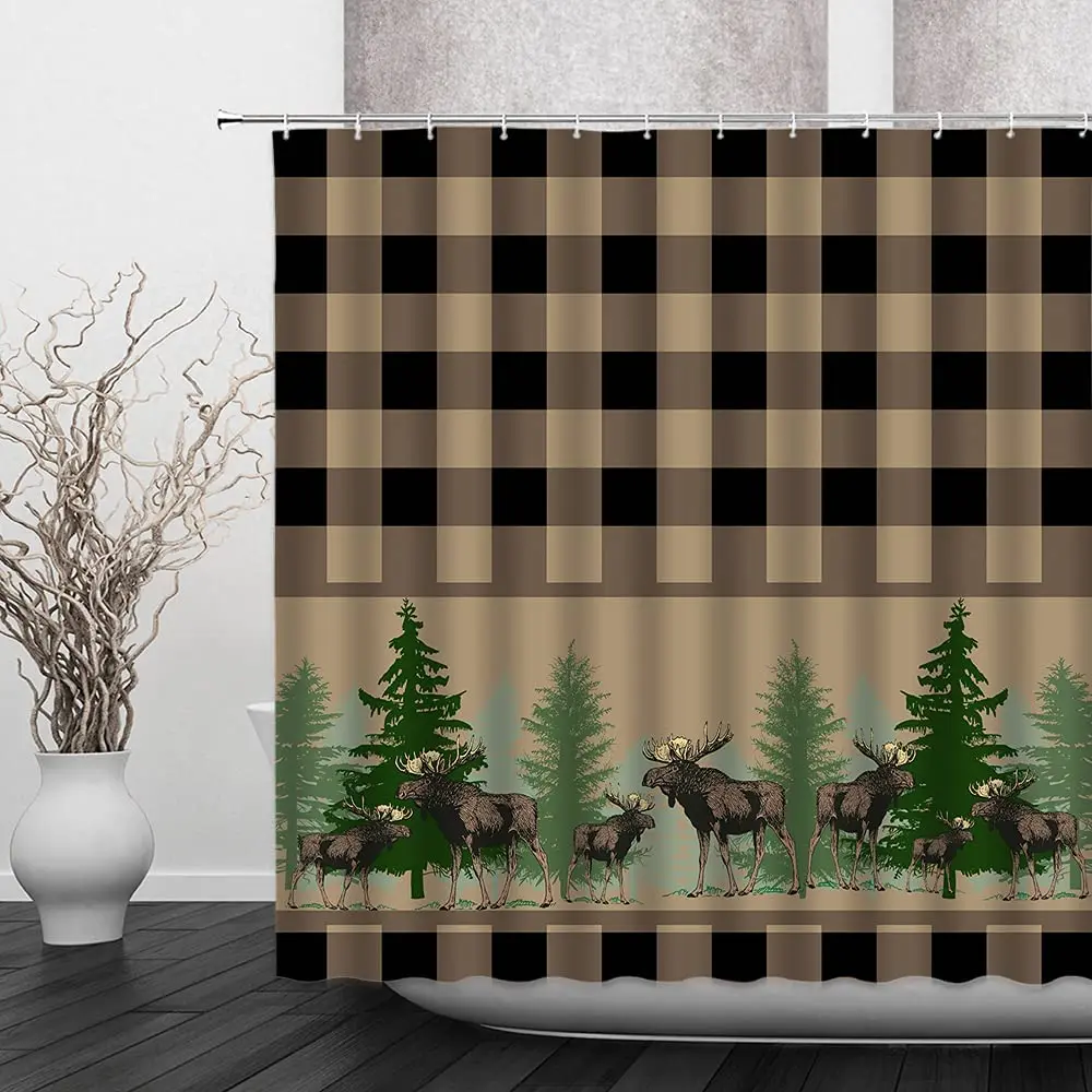 

Deer Shower Curtain Black Brown Buffalo Plaid Elk Pine Forest Rustic Farmhouse Wild Animal Fabric Bathroom Curtain with Hooks