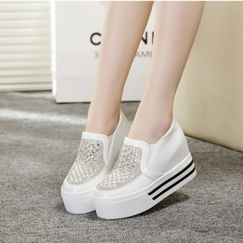 

Women's flat white shoes new thick bottom low help platform shoes increased height foot rhinestone shallow mouth wedge shoes