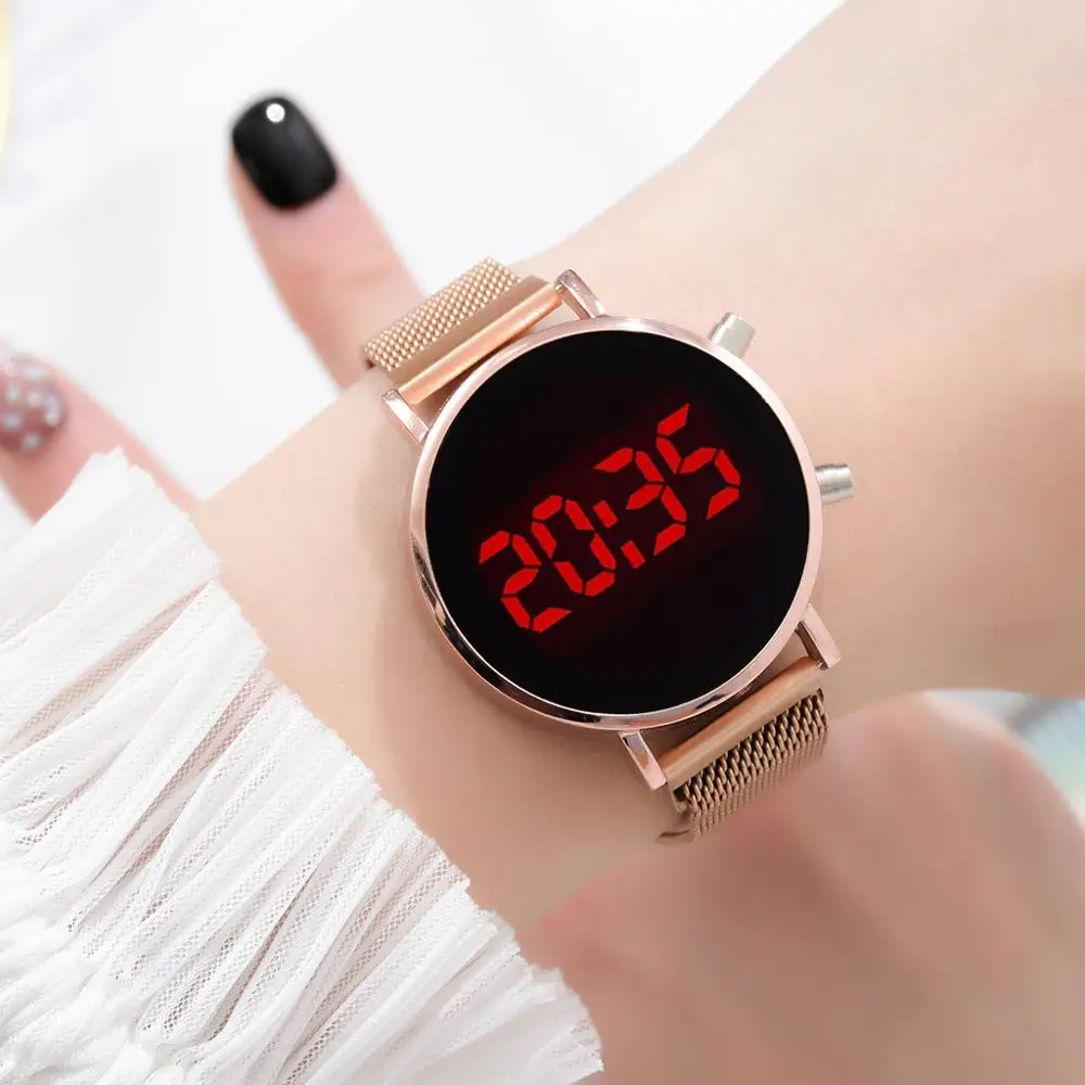 

New Fashion Women Watch Touch Screen LED Watches Magnetic Mesh Belt Female Watch Electronic Clock Digital Wristwatches for Gift