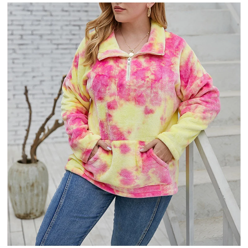 Fioncrow Tie-Dye Hoodie Women's Plus Size Y2K Pullover Pocket Lapel Long Sleeve Sports Casual Loose Autumn Women's Clothing