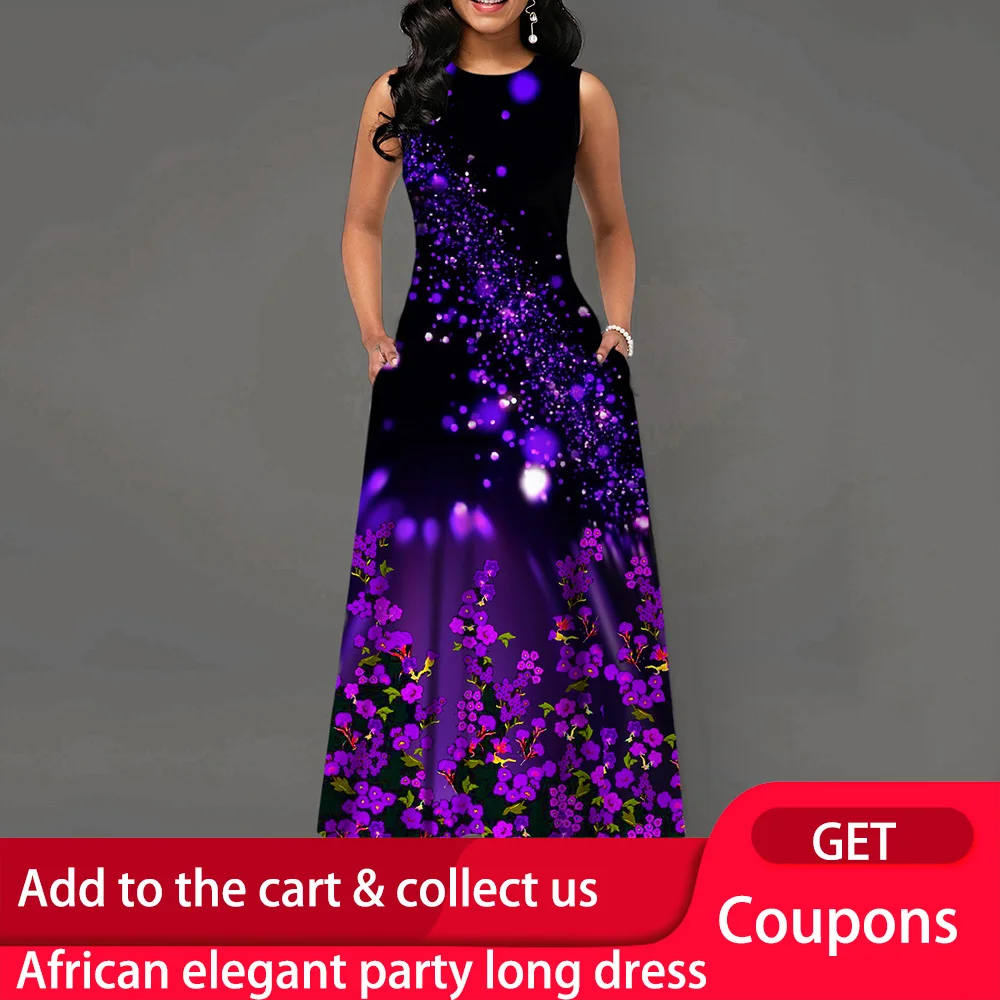 Женское винтажное платье макси с цветочным принтом без рукавов круглым вырезом