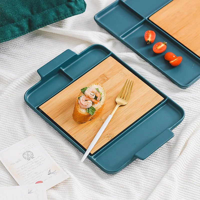 

Retro dark green creative bamboo chopping board ceramic western food plate steak plate sushi plate fruit plate