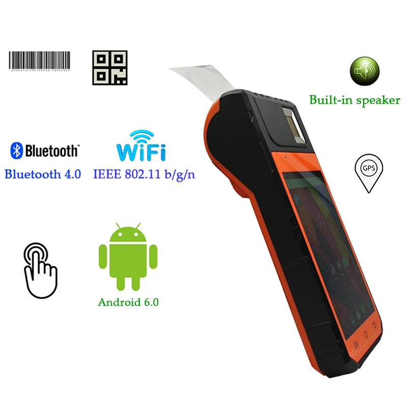 Price طابعة حرارية محمولة 4G Android 6.0 جهاز لوحي مع ماسح بصمات الأصابع وشاشة تعمل باللمس 2 16G 2 فتحة بطاقة SIM مع مكبر صوت مدمج