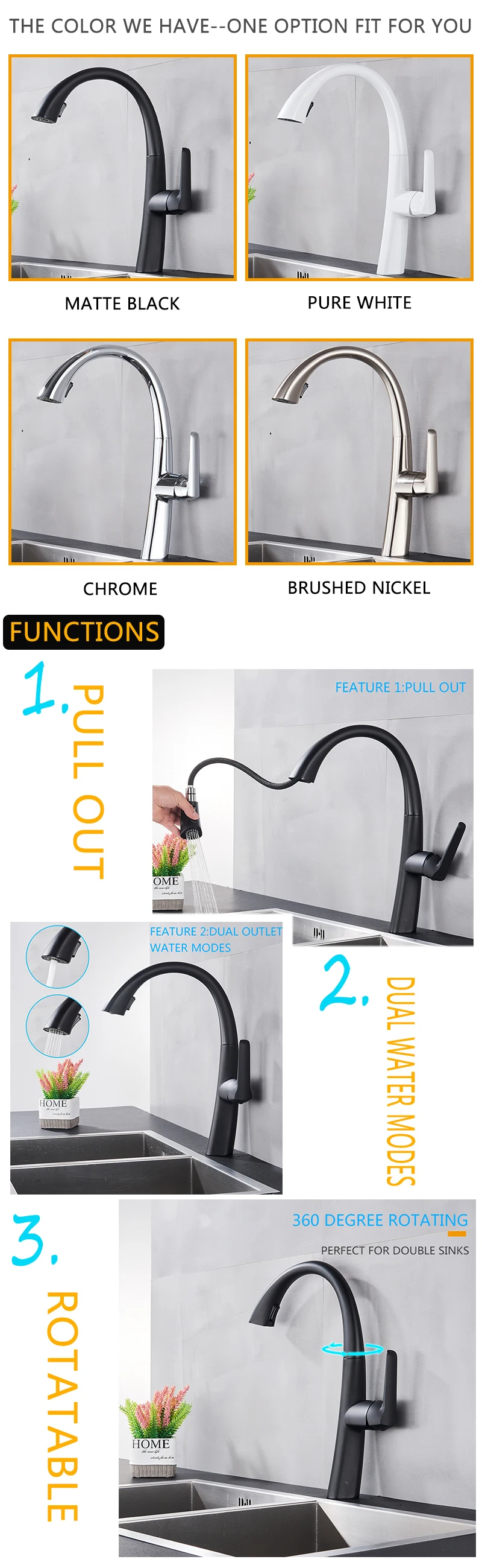 Matte Black Pull Out Kitchen Faucet Chrome 360 degree rotating Elegant Kitchen Sink Faucets Dual water modes Hot Cold Mixer Tap