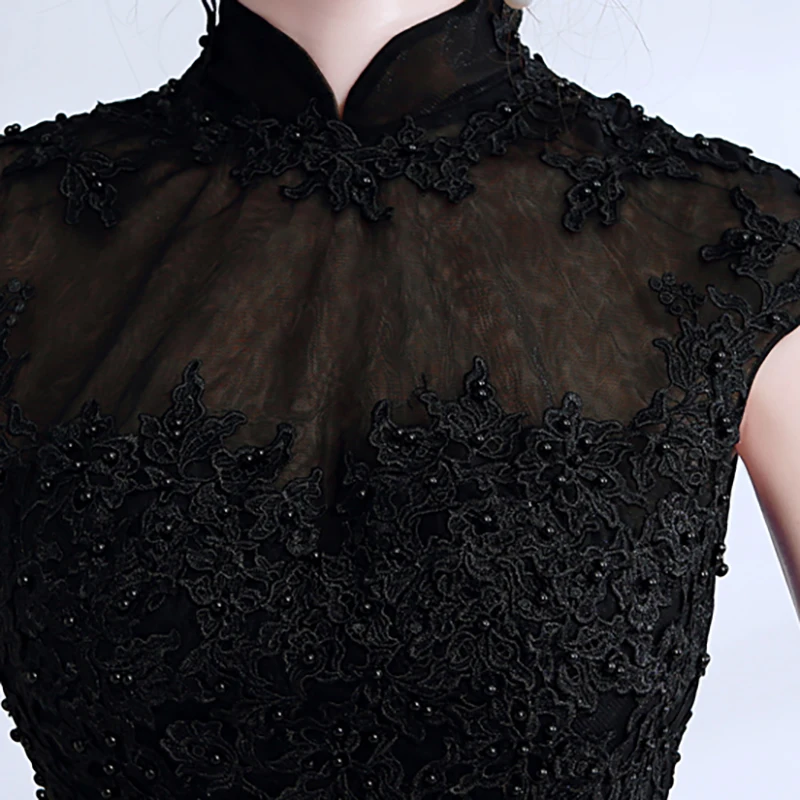 

Luxury Black Evening Dress Illusion Pearls A-Line Embroidery Luxury Lace Tulle Floor-Length Luxury Women Formal Dresses TS453