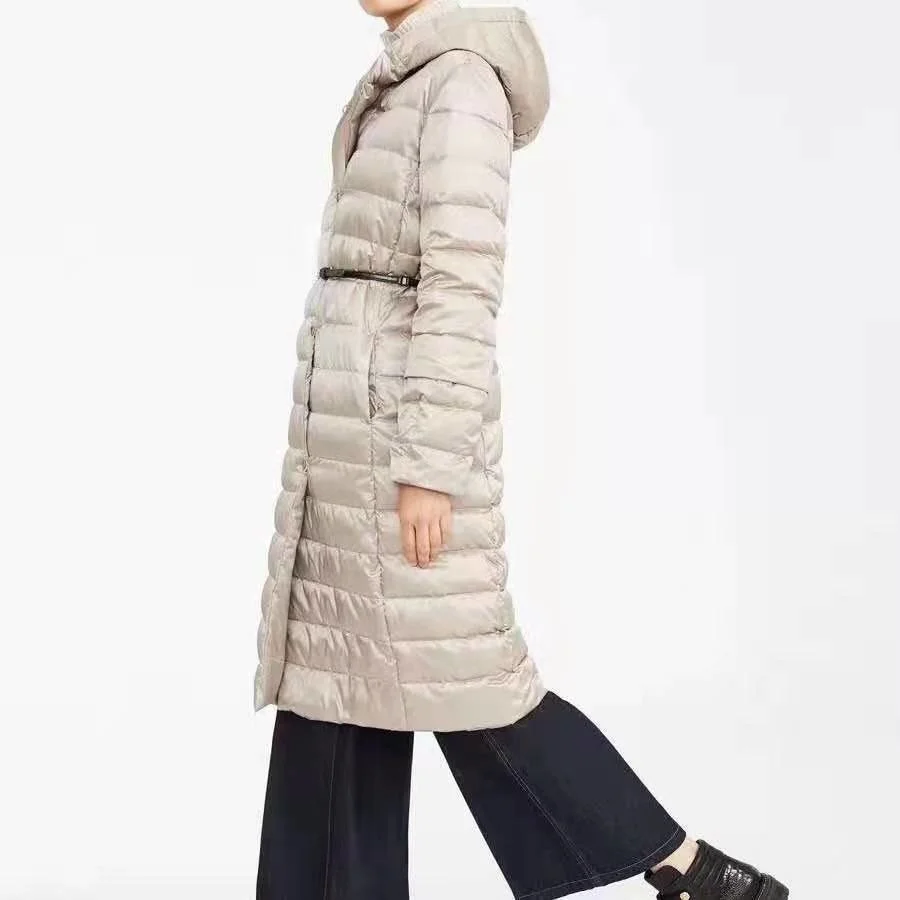 

2020 lightweight hooded double belt home 90 white down medium and long down jacket women's new slim fit in autumn and