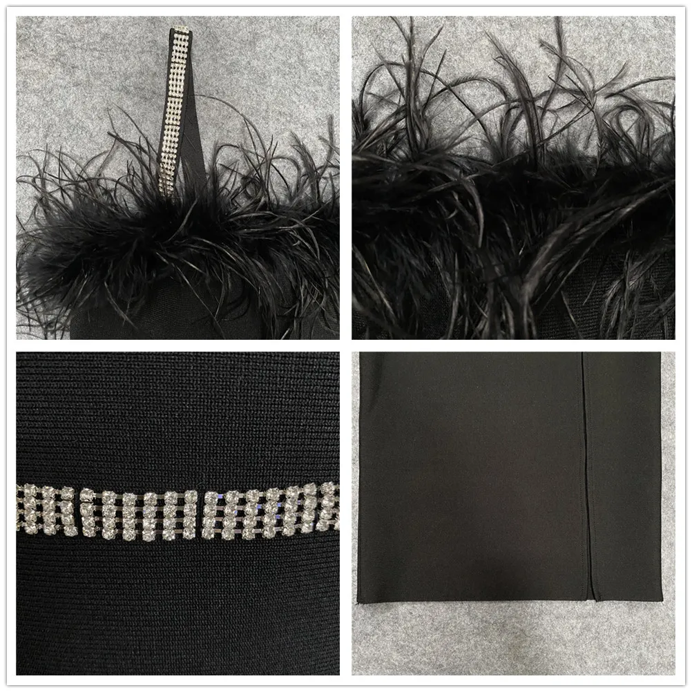 Женское Бандажное платье с черными перьями элегантное облегающее средней длины