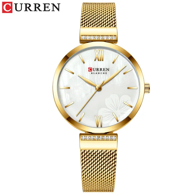 gold white CURREN ЖЕНСКИЕ НАРЯДНЫЕ часы Топ люксовый бренд женские кварцевые часы из нержавеющей стали сетчатые наручные часы Reloj Mujer красивые часы - Цвет: gold white