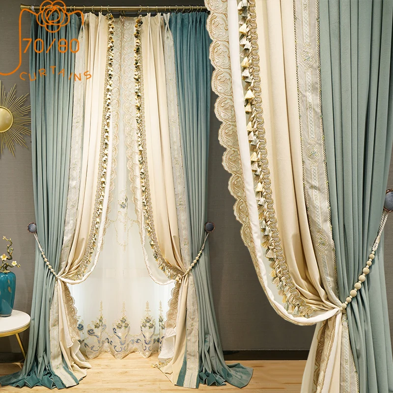 High-end French Haze Blue Flannel Embroidery Lace Stitching Blackout Curtains Living Room Bedroom Finished Product Customization