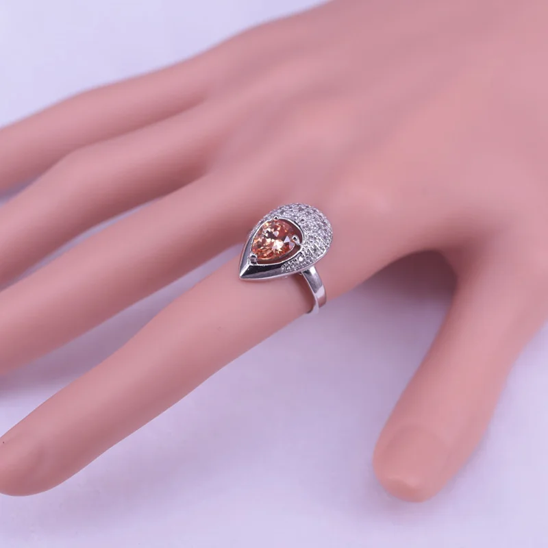 Risenj 925 Sterling Silver Jewelry Pear Champagne Zircon Stud Earrings Ring Necklace Bracelet Set Romantic Bridal