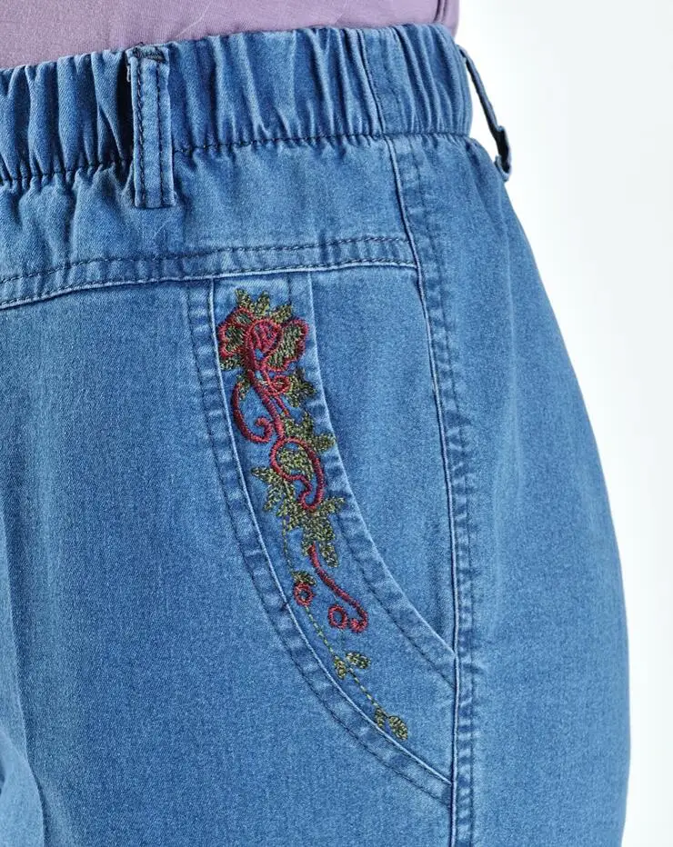 

2021 Summer Jeans Capris Women Elastic waist Casual Loose Calf-Length Denim Pants Mom Plus Size Loose Straight Jeans Mujer f132