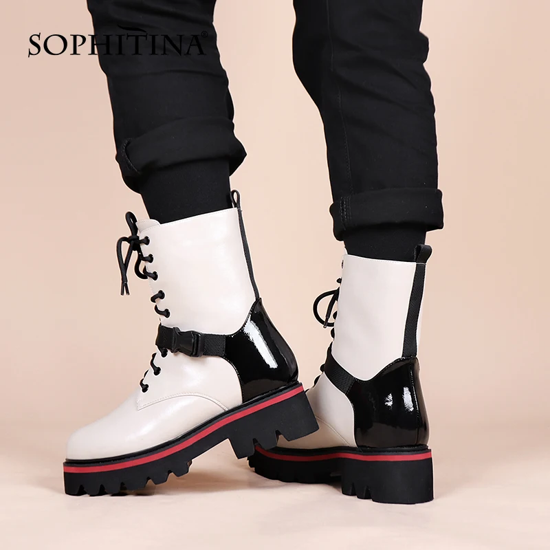 Harga SOPHITINA Sepatu Bot Musim Dingin Hangat Wanita Platform Lace-Up Wanita Sepatu Kulit Asli Gesper Tali Panjang Plush Fashion Wanita Sepatu C933