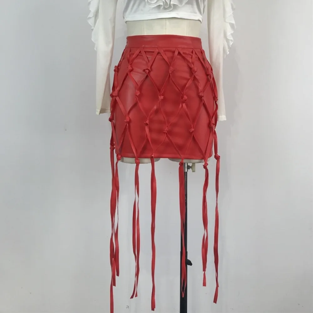 Faux Leather PU Tassel Criss Cross Skinny Skirt Women High Waist Sexy Cool Party Clothes Club Street Bodycon Short | Женская одежда
