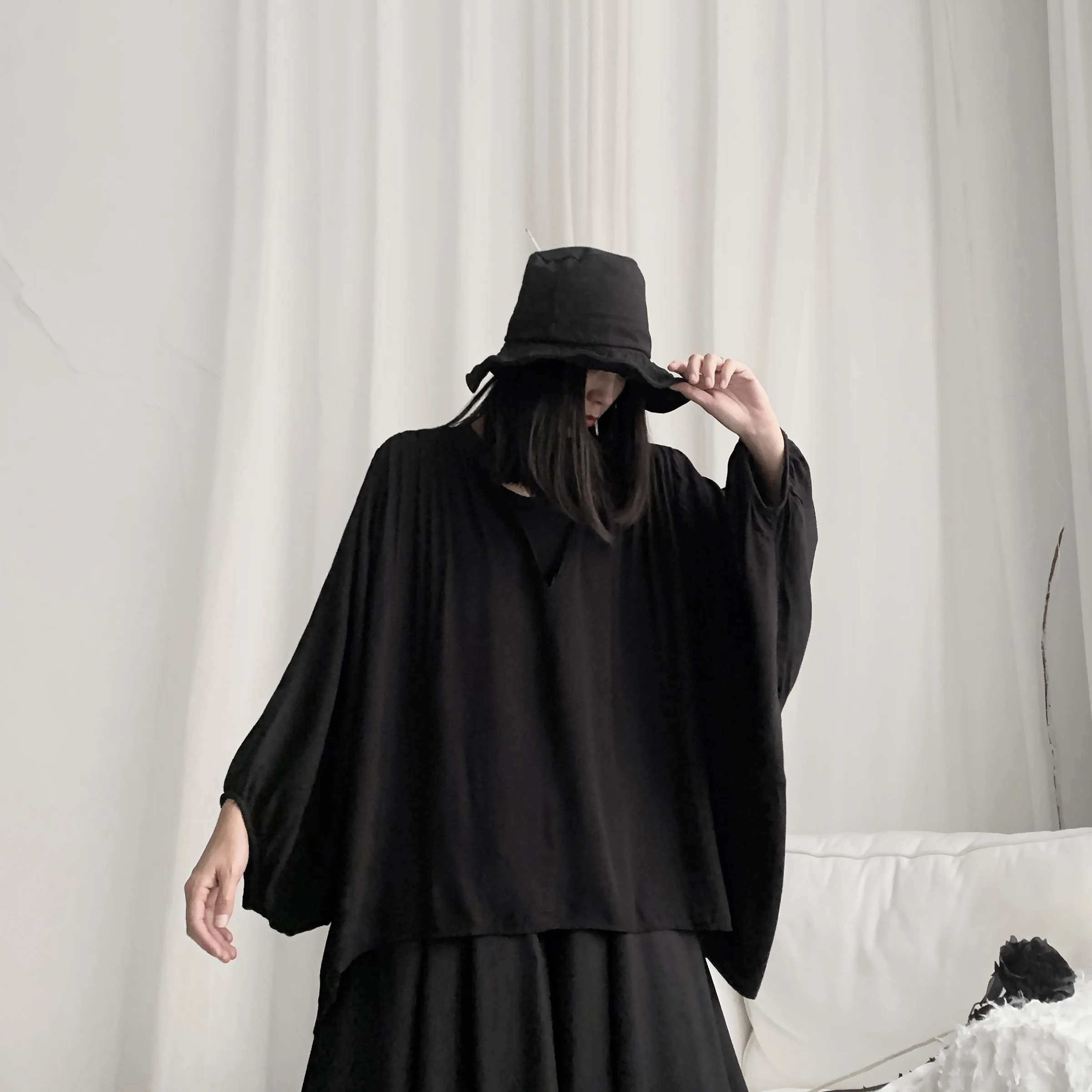 Женская одежда Yamamoto Dark Свободный пуловер в стиле ретро с рукавом летучая мышь |