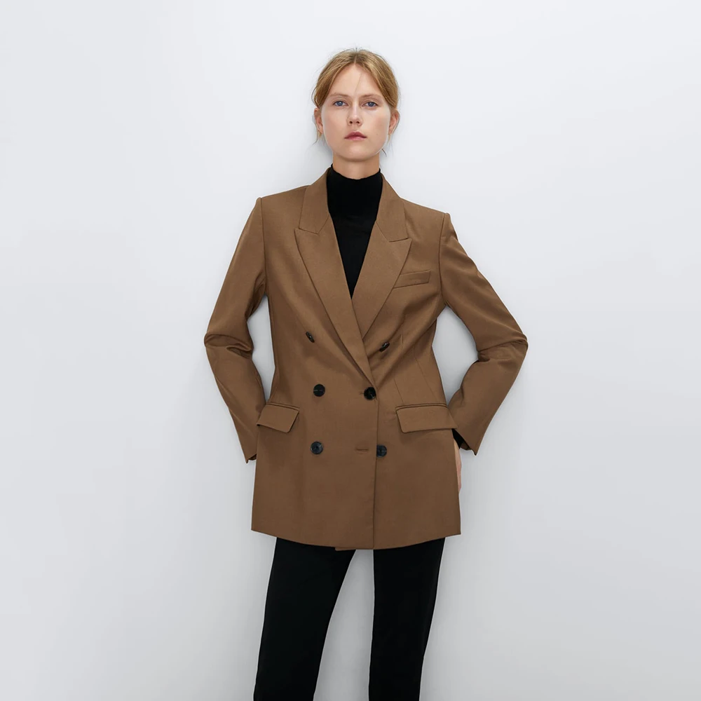 Женский однотонный костюм ZA трендовый облегающий с двумя рядами пуговиц