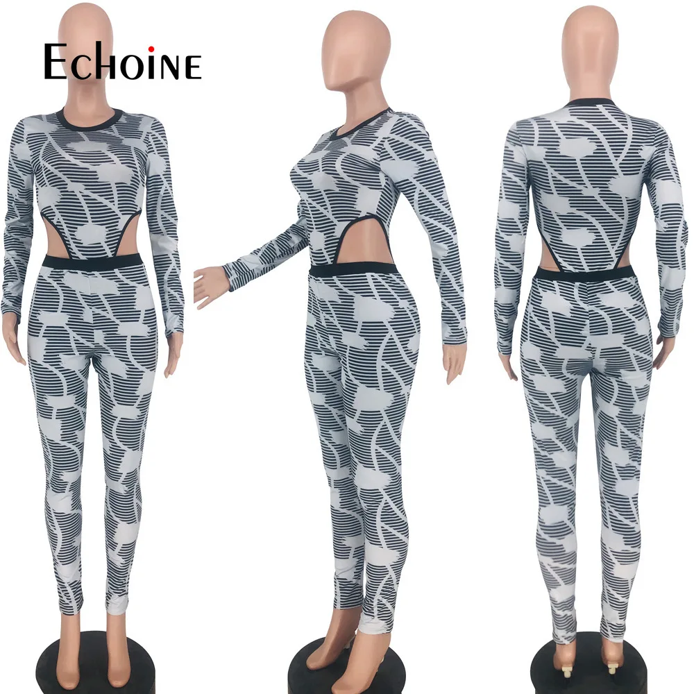 

Echoine Autumn Women Set Bodysuits Jogger Pants Set Active Print Tracksuit Two Piece Set Night Club Fitness Streetwear Outfit