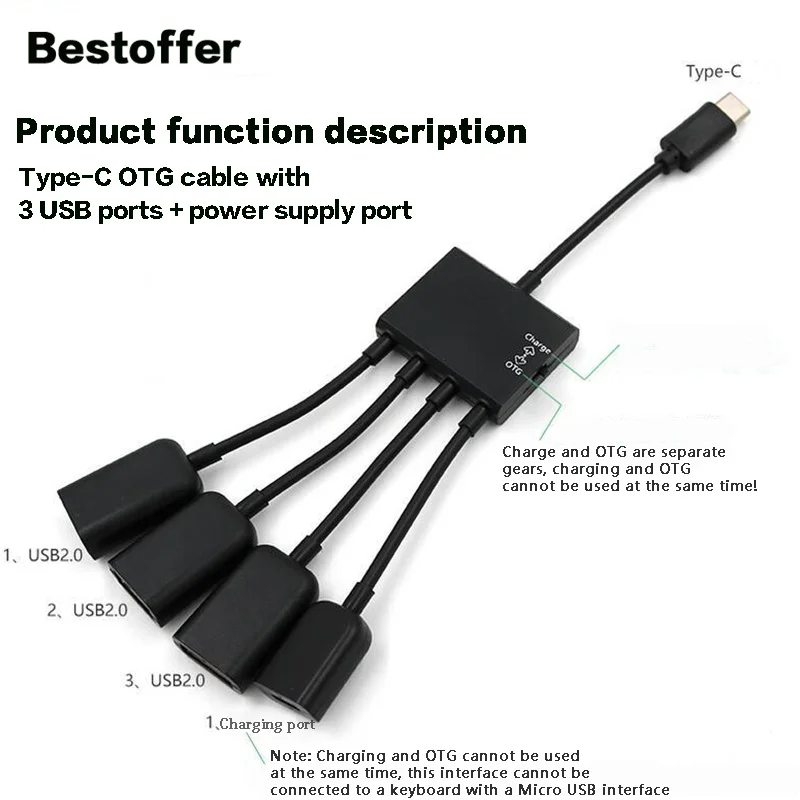 

20CM HUB 4 in1 USB 3.1 Type C Male Plug to USB 2.0 Female Connector Charge OTG Cable