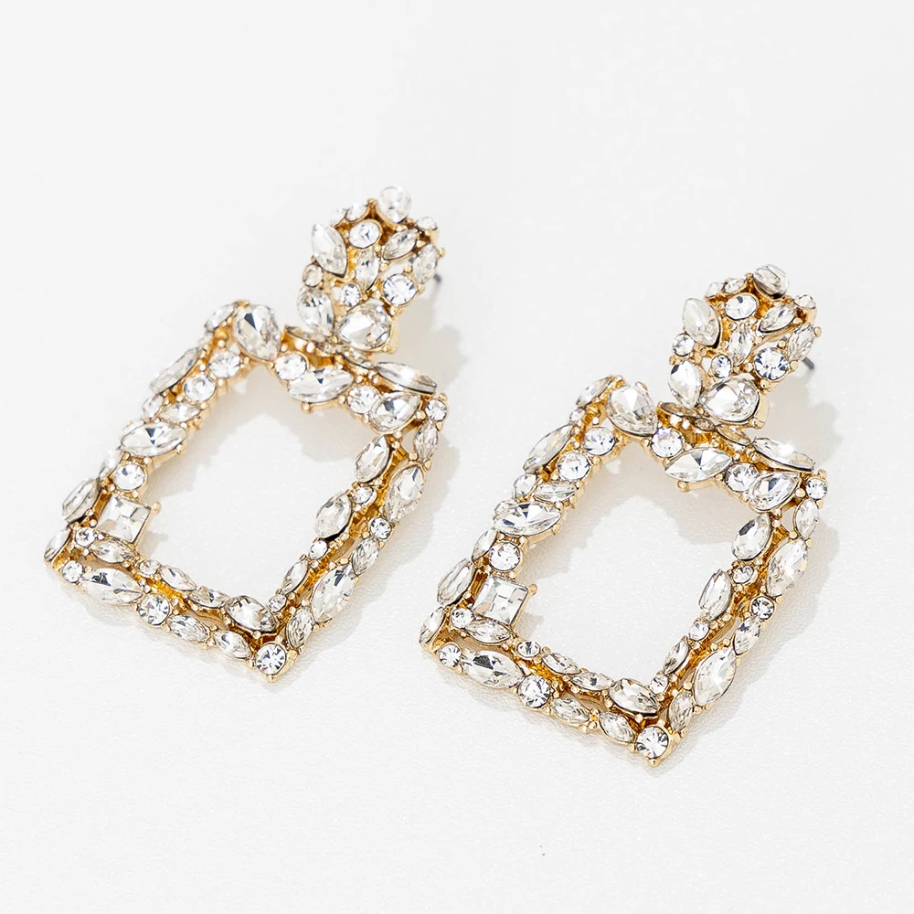 

Jaeeyin 2021 New Arrivals Casual Gold Color Clear Stone Multi Colors Square Metal Statement Chunky Big Stud Earrings For Women