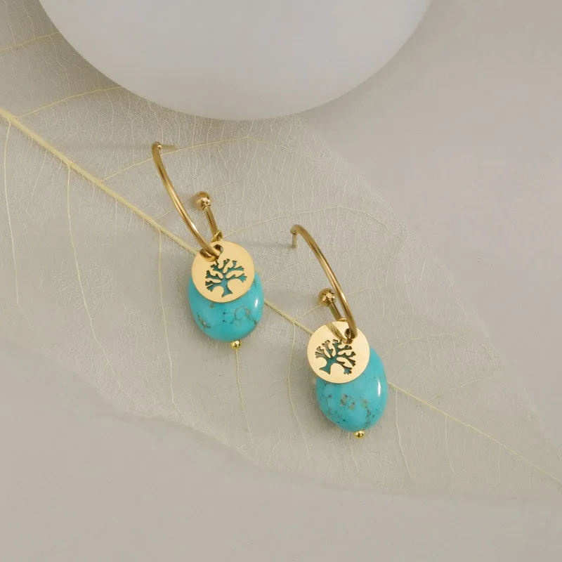 

Европейские благородные новые серьги в стиле ретро двора из 14-каратного золота, богемные бирюзовые серьги в форме дерева жизни с, ювелирные ...