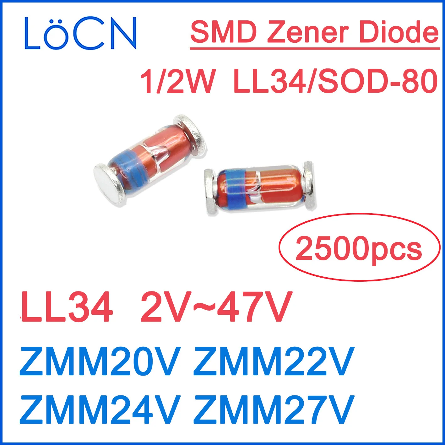 LL34 20V 22V 24V 27V ZMM20V ZMM22V ZMM24V ZMM27V Zener диоды SMD SOD-80 стекло 1/2W Высокое качество RoHS 2500 шт