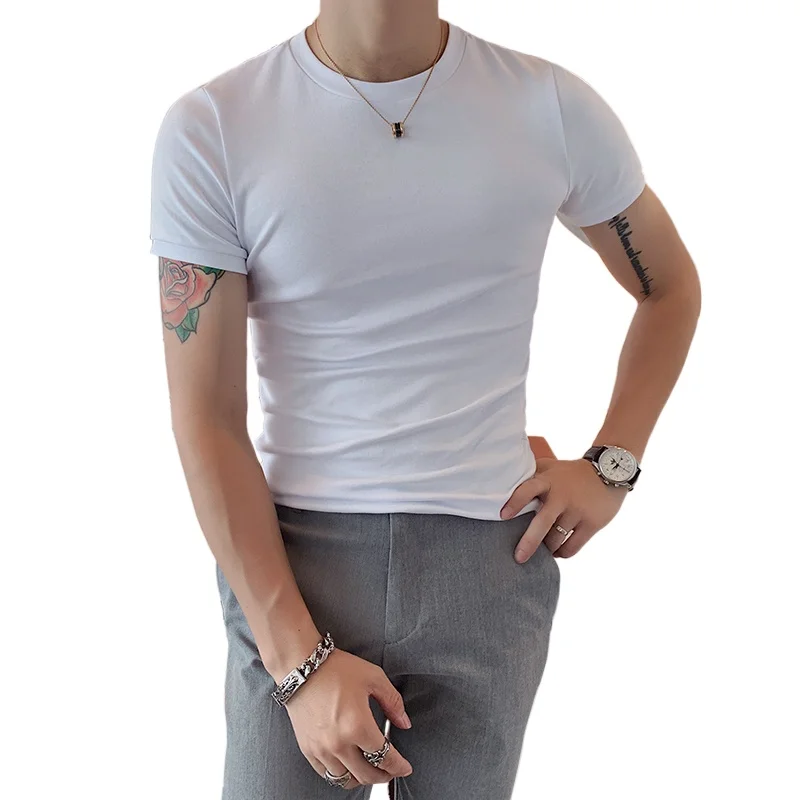 

Мужская футболка с круглым вырезом и коротким рукавом, однотонная Повседневная облегающая футболка, лето 2021