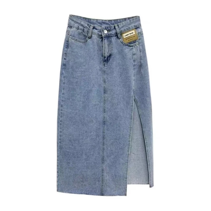 

Women High Waist Sexy Denim Long Skirts Summer 2021 Side Slit Retro Slim A-Line Maxi Skirt for Woman Femme