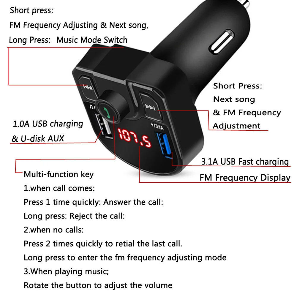 Bluetooth 4,2 MP3 плеер Handsfree автомобильный комплект fm-передатчик Поддержка TF карта U диск QC2.0 3.1A Быстрая Двойная USB Зарядка адаптер питания
