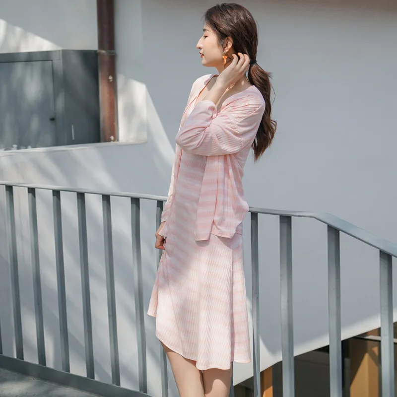 

Women's Summer Cotton Long-Sleeved Pajamas Sexy Cute 2-Piece Women Pijamas Dress Striped Sleepwear Set Leisure Nightdress
