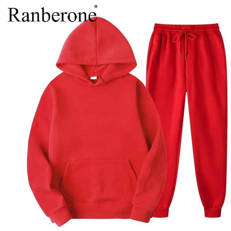 Ranberone 2 Pcs Sport Suit Fitness Solid Color Women's Tracksuits Hooded Pullover Sweatshirt Casual Pants Sets Sportswear Male