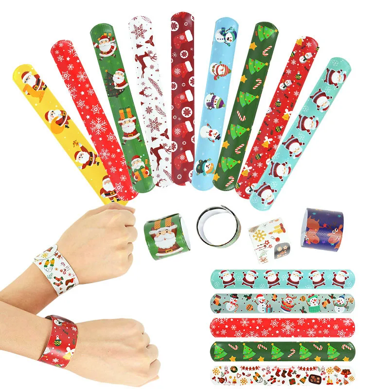 

10Pcs Mixed Christmas Clap Circle Wristband Pop Circle Cute Christmas Santa Elk Snowman Slap Bracelet Kids Xmas New Year Gifts