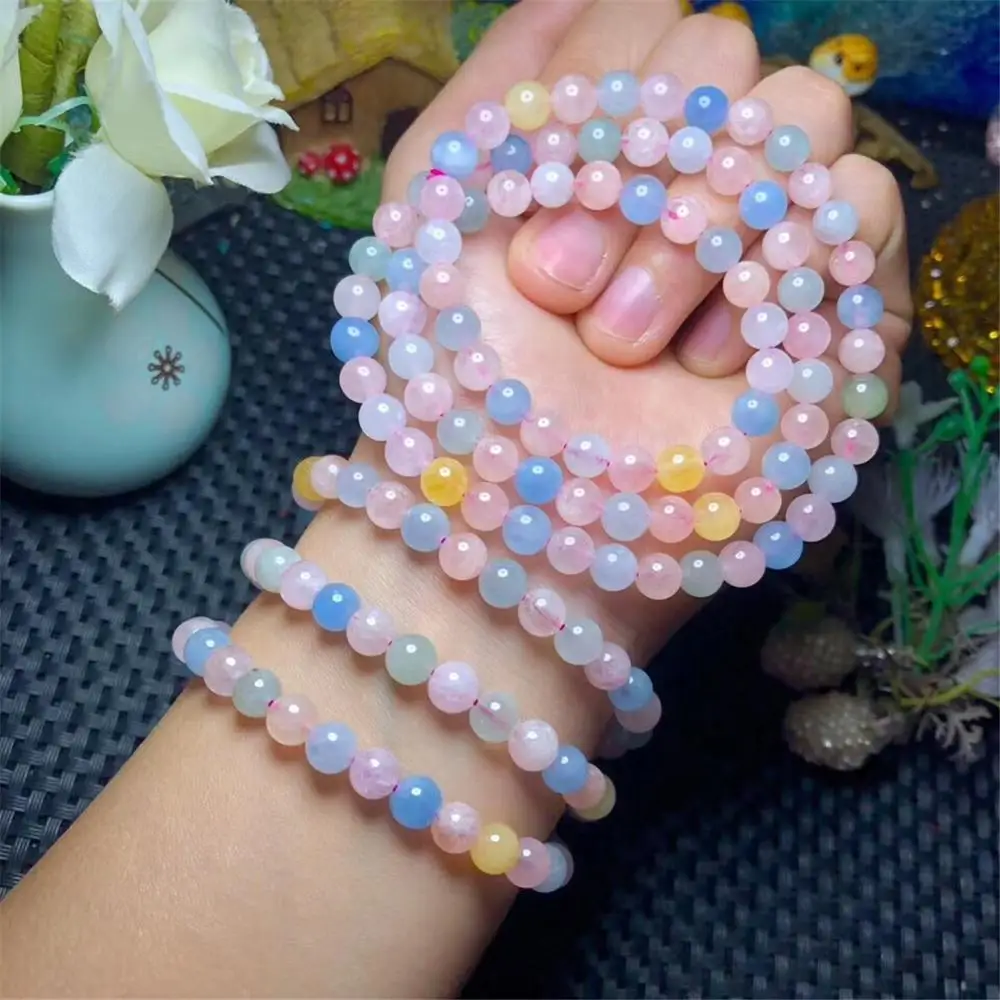 

6mm Natural Beryl Morganite Bracelet For Women Man Gift Three Laps Healing Crystal Love Round Beads Clear Gemstone Jewelry AAAAA