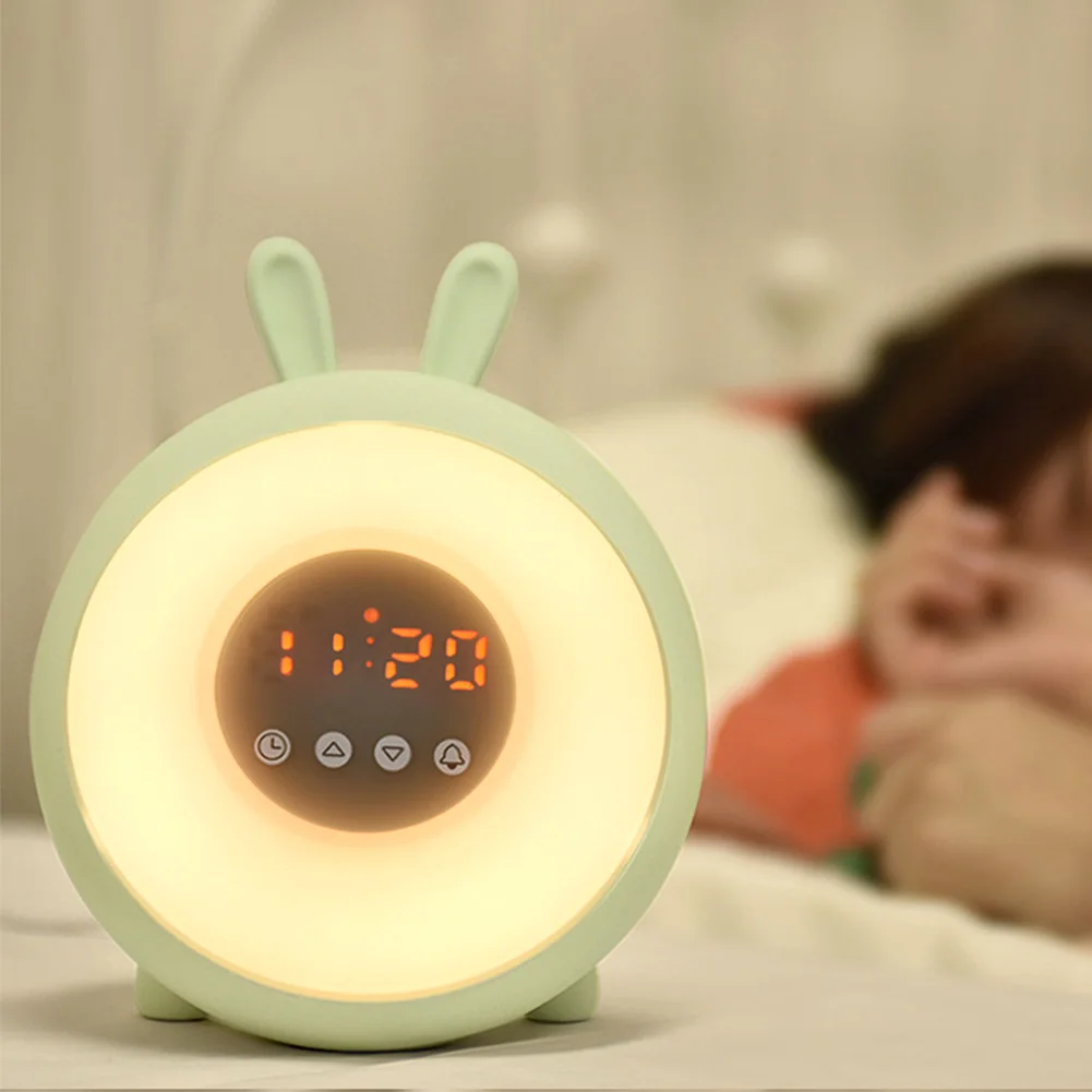 

Будильник с кроликом и сенсорной кнопкой, светильник емый светодиодный прикроватный будильник из ABS-пластика с милым рисунком восхода и мул...