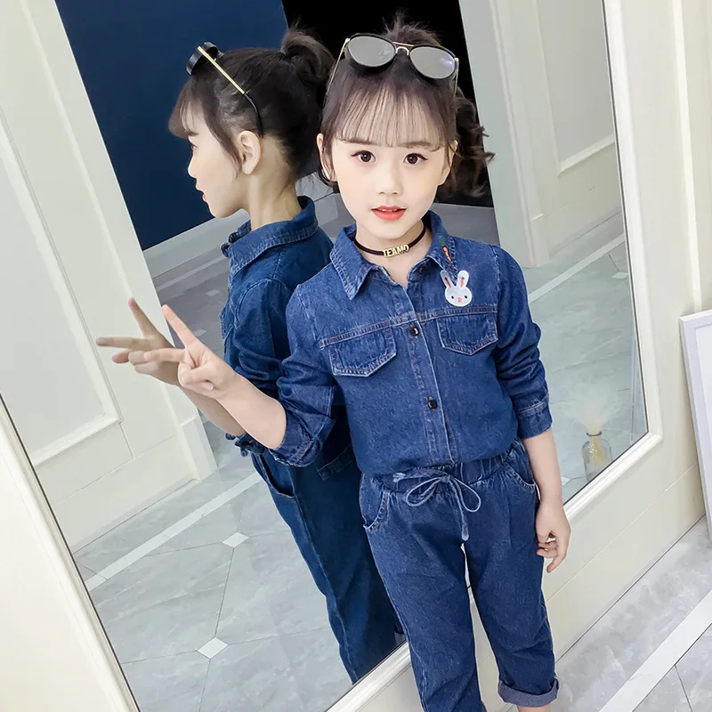 Синие рубашки для девочек 2 предмета Комплект джинсовой одежды куртки и штаны 4 6 8