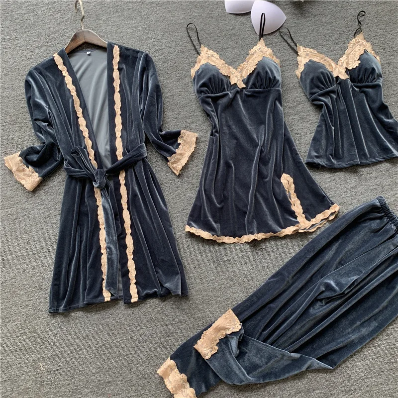 Golden Velvet Keep Warm 4 Pcs Women Robe Set Lace Sexy With Chest Spaghetti Strap Pijama | Женская одежда