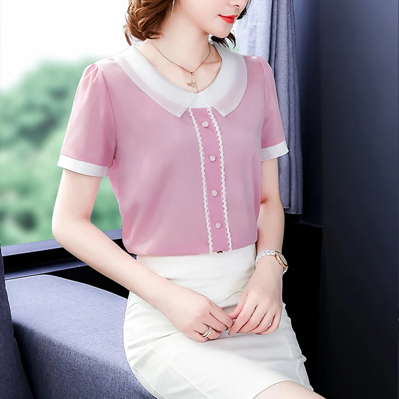 

Chiffon Women Shirts 2021 Summer New Turn-Down Collar Solid Button Oversized Elegant Office Lady Elegant Shirts Outwear Tops