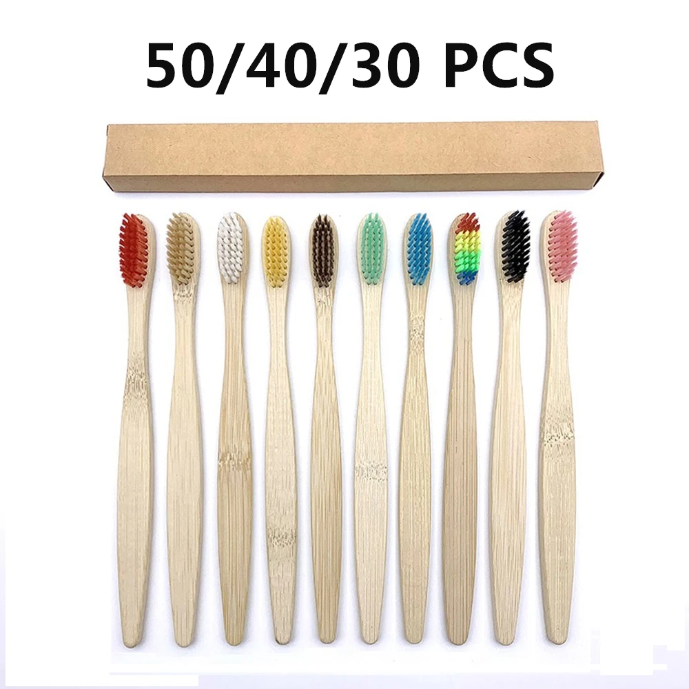 Cepillo de dientes de bambú para adultos, cerdas suaves biodegradables, sin plástico, bajo en carbono, ecológico, 50/40/30 paquetes