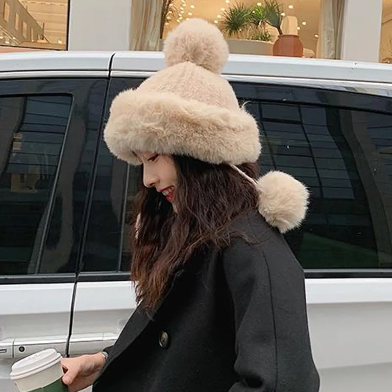 Зимние женские одноцветные вязаные шапки Faxu Fox Pom, шапки-Бомберы, Русская Шапка для девушек, теплая плотная Лыжная шапка для защиты ушей, Шапка-бини