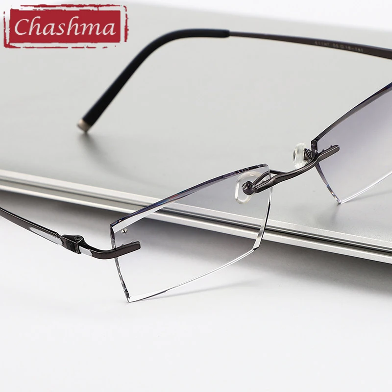 

Titanium Prescription Dark Lenses Glasses Men Luxury Tint Lenses Myopia Reading Glasses Diamond Cutting Rimless Frame