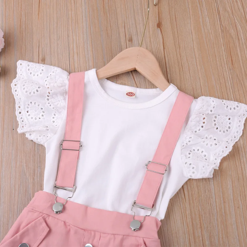 Girls Summer Clothing Set Casual Flying Sleeve Tops+Overall 2Pcs Outfits Sweet Girls Birthday Party Clothes For 2 3 4 5 6 Years
