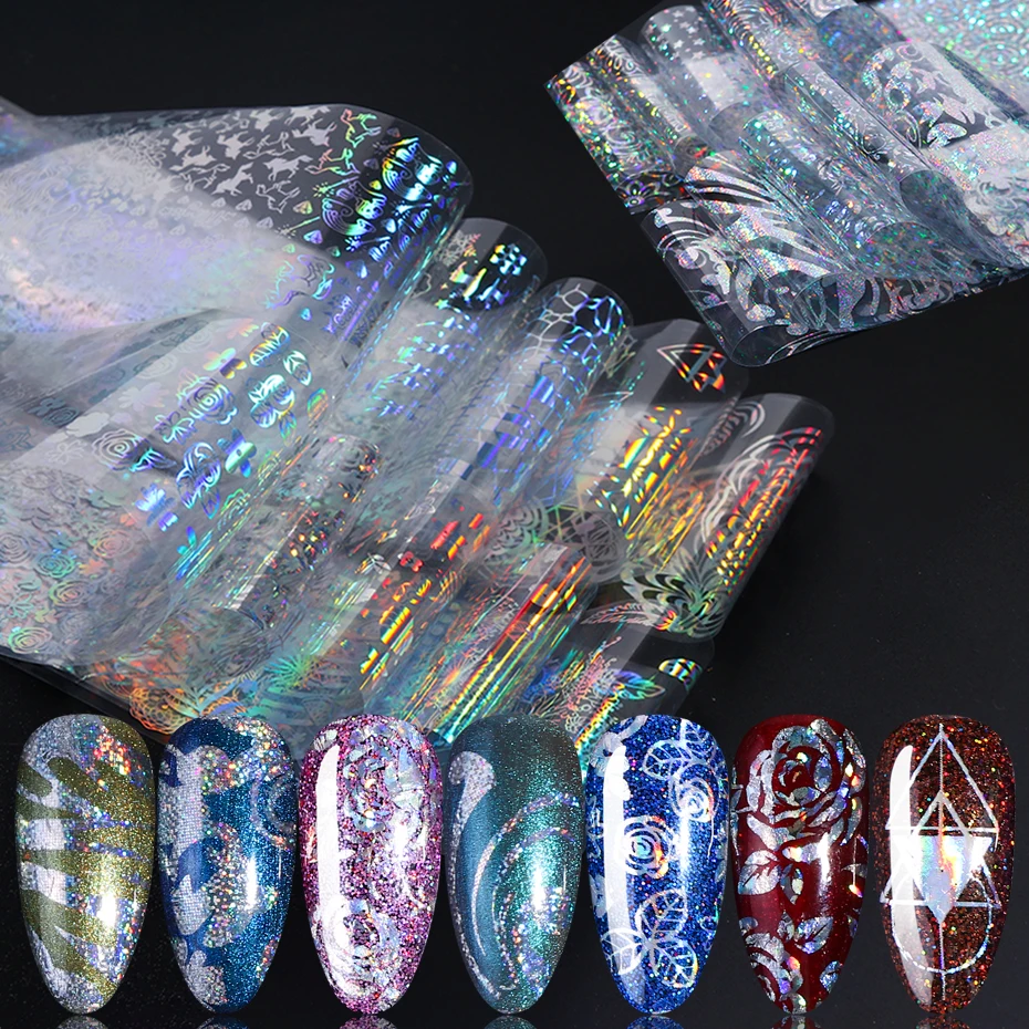 10 шт. лазерных фольг наклейки для переноса ногтей черный прозрачный цветок