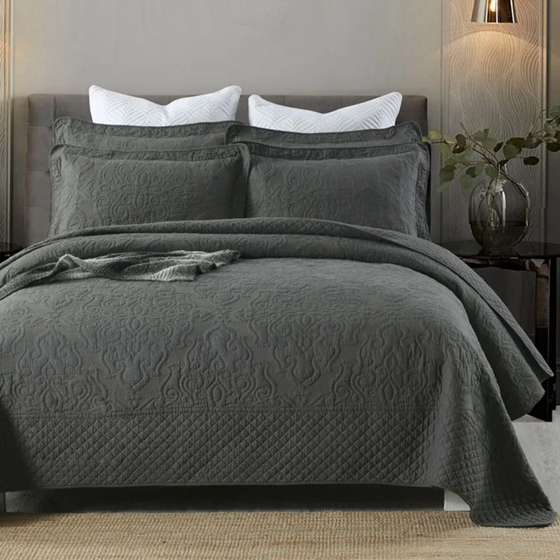 

Solid Cotton Quilt Set 3PCS Bedspreads on Bed Double Blanket Embroidered Bed Cover King Queen Size Summer Coverlet CHAUSUB