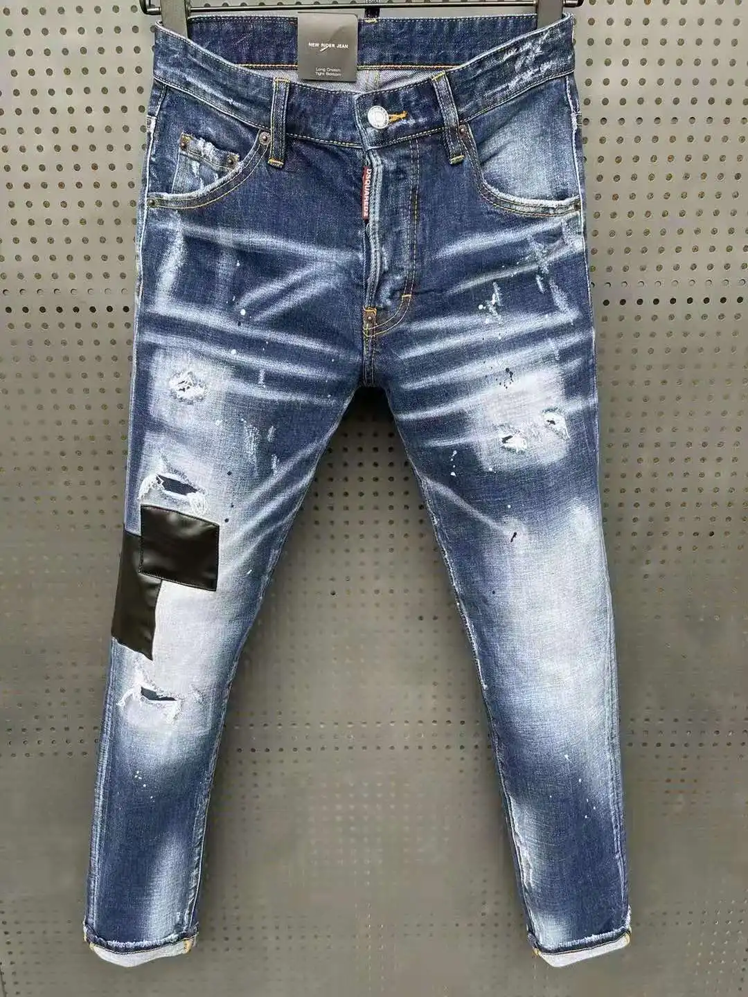 

Leather Patch Men's Skinny Jeans With Ripped Holes elastic Paint Spray Stitching Beggar Pants