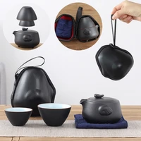 japanese style black pottery one pot two cups tea sets portable travel home office cups ceramic tea coffee container with bag