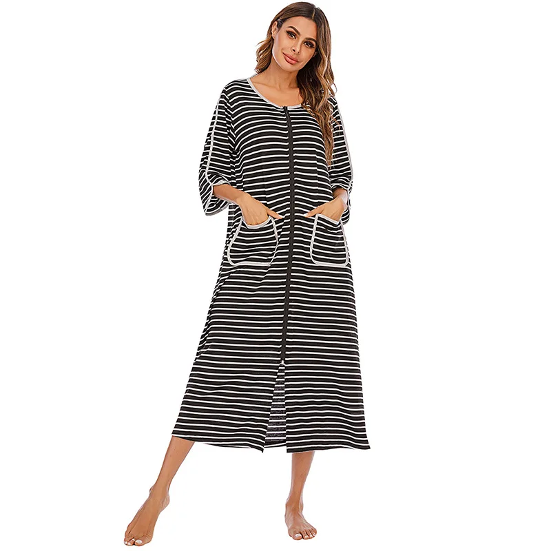 

Robes Women Zipper Sleepwear 3/4 Sleeve Housecoat Full Length Ladies Stripe Loungewear with Pockets S-XXL