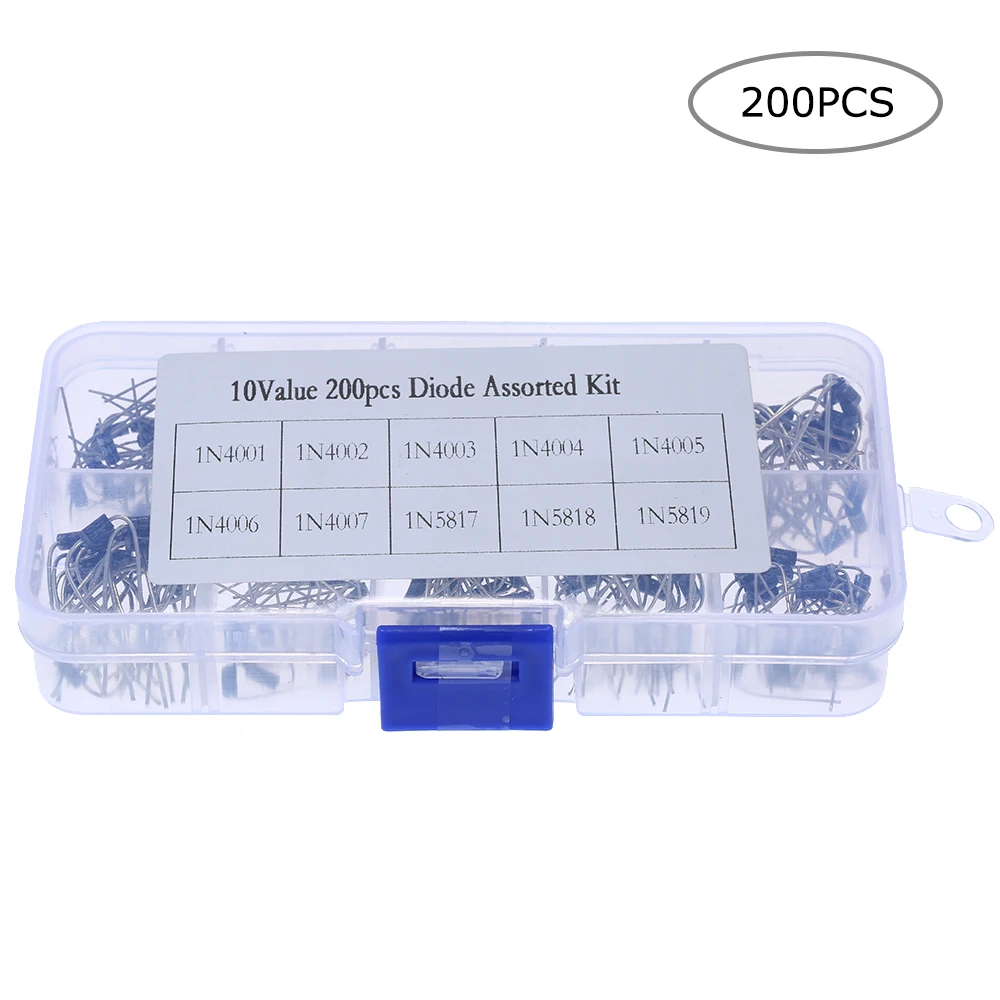 10Values 200pcs Rectifier Diode Schottky Assortment Electronic Kit 1N4001~1N4007 1N5817 1N5818 1N5819 With Storage Box | Инструменты