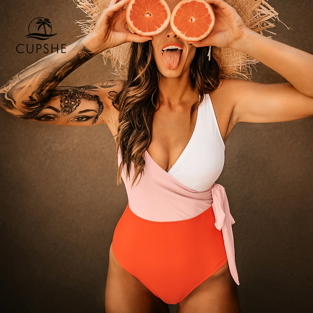 

Cupshe оранжево-белый слитный купальник с цветными блоками, Женский Монокини в стиле пэчворк с ремнем и бантом, 2021, пляжный купальный костюм с V-...