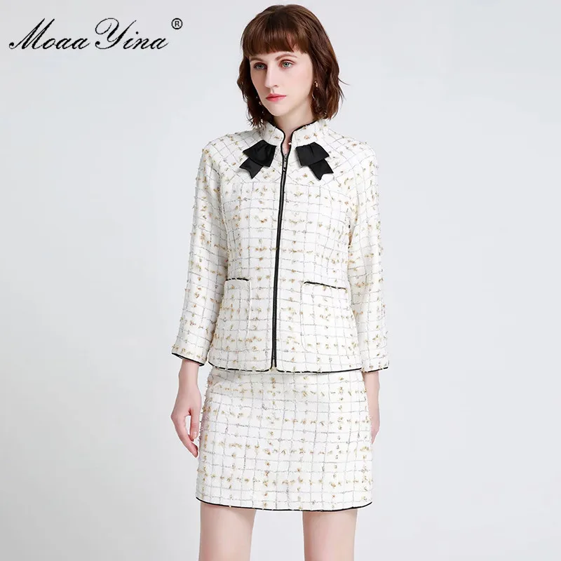 MoaaYina Fashion Designer Runway Suit Spring Women Long sleeve Plaid Elegant Tops+Short skirt high quality Two-piece set | Женская